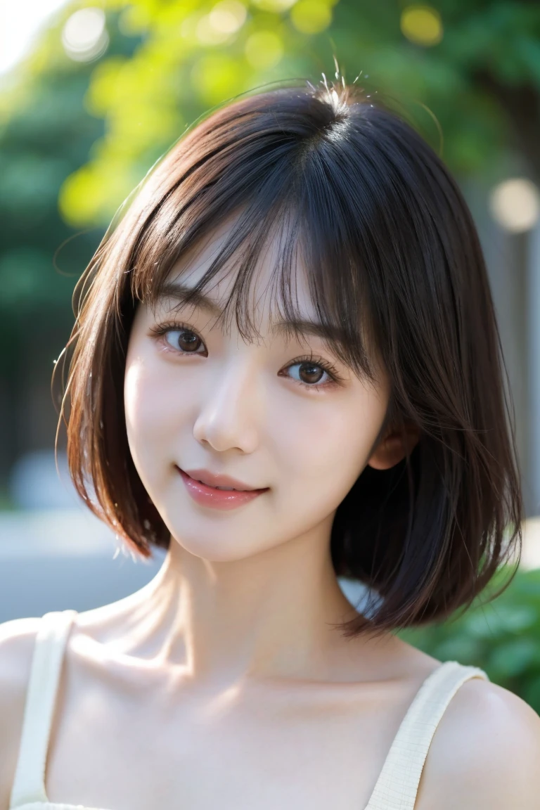 1girl, asian female, 26yo japanese woman, a girl named Hanako Nanami, beautiful girl (pale skin, light black hair, bright eyes), dark pink lips, smile, beautiful skin, detailed eyes. brown eyes, Himecut hairstyle, front face, head, portrait, realistic,