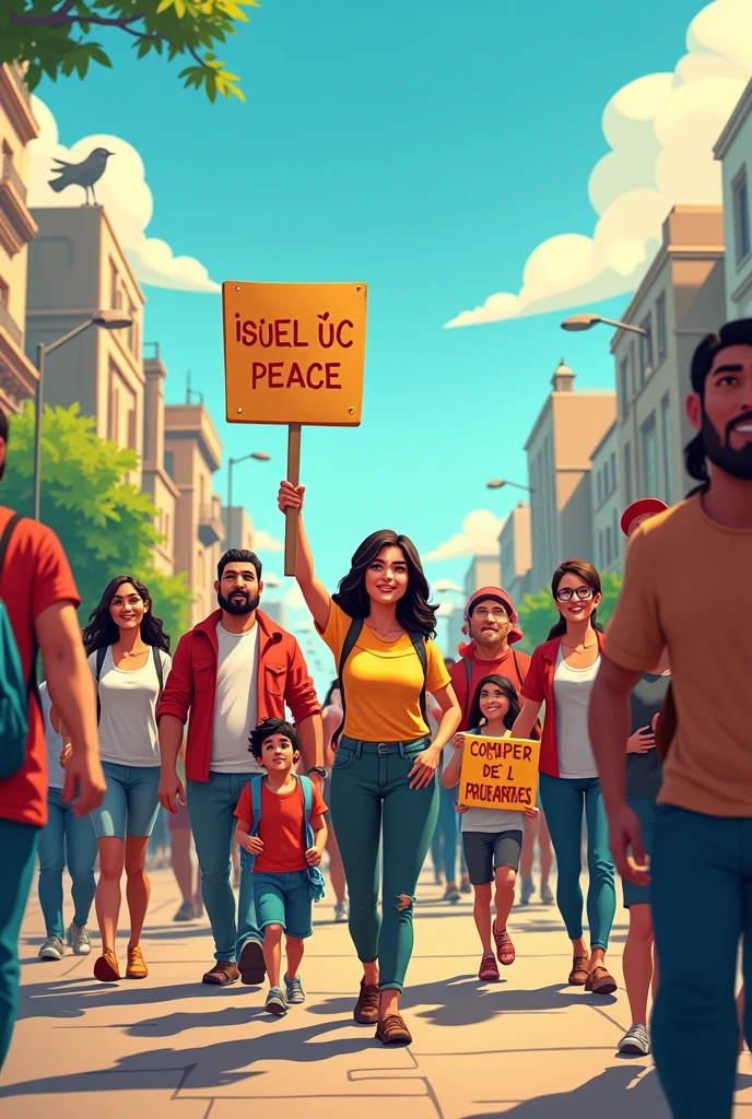 Create an animated cartoon based on article 2, section 12, of the Political Constitution of Peru, There are signs that demand no to weapons and to take care of oneself