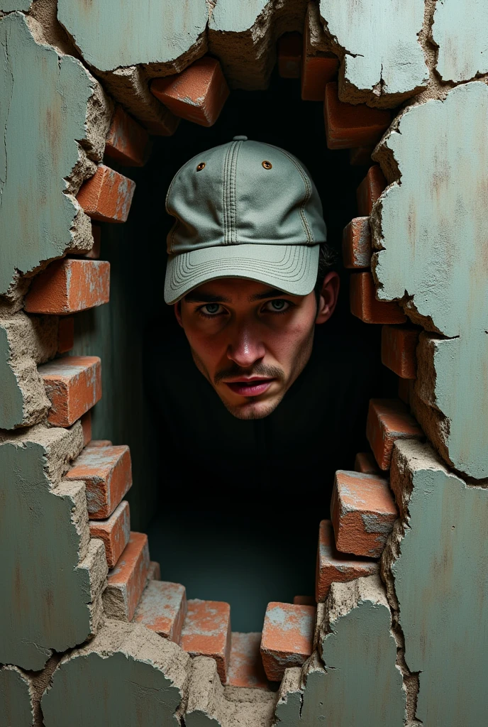 Person wearing a cap leaving the broken wall from very close up