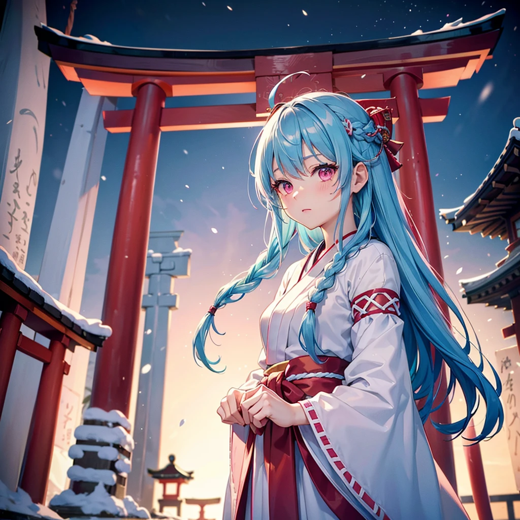 (Tying her sky blue hair into a single braid),(Pink Eyes),Fair skin,whole body,alone,Snowy Night,Drawing a fortune at a temple,torii,Shrine maiden、masterpiece, Highest quality, Very detailed, Best Shadow,Detailed Background,Beautifully detailed face,High Contrast,Best lighting, Very delicate and beautiful,Cinematic Light,Hyper Detail,8k,Dramatic Light,Exquisite detail,