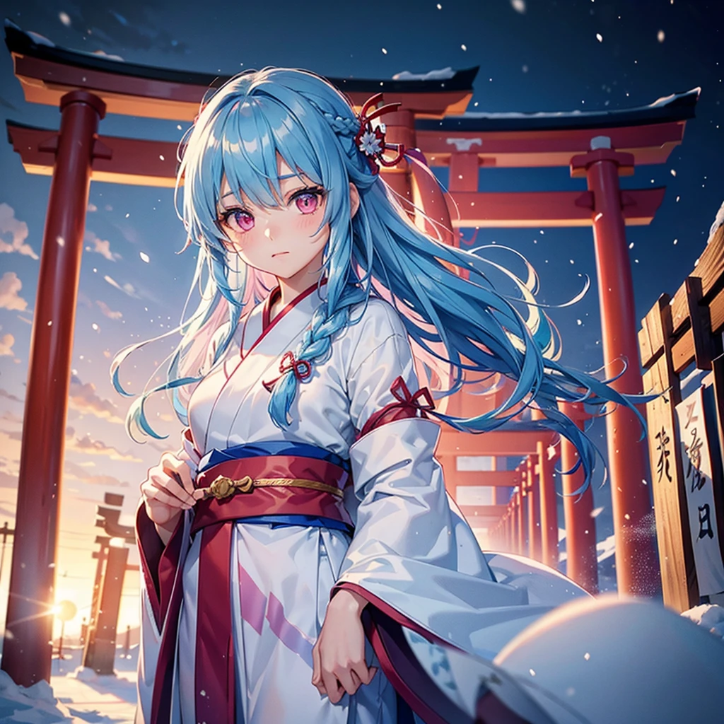 (Tying her sky blue hair into a single braid),(Pink Eyes),Fair skin,whole body,alone,Snowy Night,Drawing a fortune at a temple,torii,Shrine maiden、masterpiece, Highest quality, Very detailed, Best Shadow,Detailed Background,Beautifully detailed face,High Contrast,Best lighting, Very delicate and beautiful,Cinematic Light,Hyper Detail,8k,Dramatic Light,Exquisite detail,