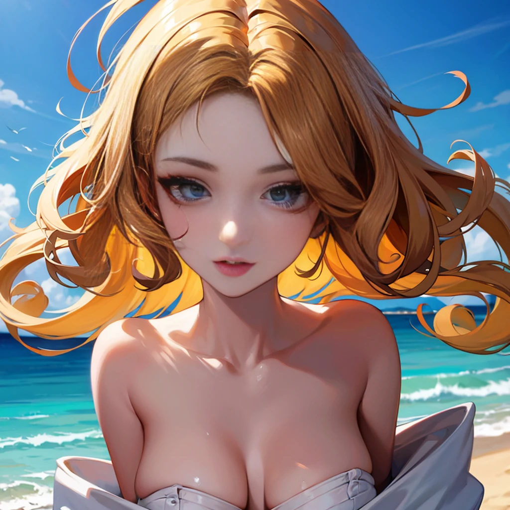 (Frightening:1.3) Close-up photos, CherryNobodySD15, (Pretty Face:1.1), (25 years:1.5), Delicate eyes, Dynamic poses, (big eyes:1.0), (Fit body:1.1), (Long wavy hair:1.2), naked, Wear (:1.1), Beach, (primary color:1.3)