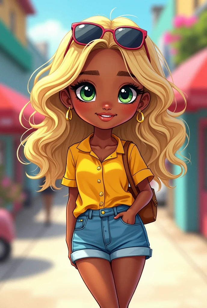 chibi,Watercolor illustration,anime of a black woman with blonde hair and a yellow blouse standing in denim shorts in digital illustration style, cartoon style illustration, highly detailed character design, colorful illustration, detailed fashion illustration, wavy hair, yellow theme, beautiful green eyes,sunglasses, light makeup.