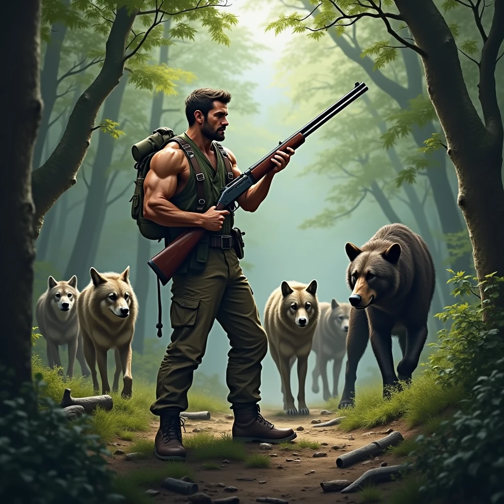 a man with a hunting rifle stands in the middle of a forest surrounded by wild animals.