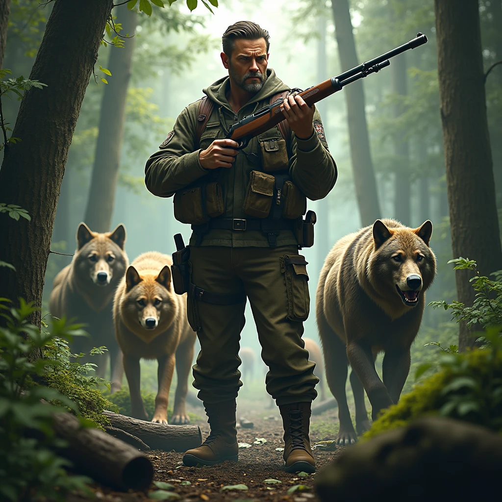a man with a hunting rifle stands in the middle of a forest surrounded by wild animals.