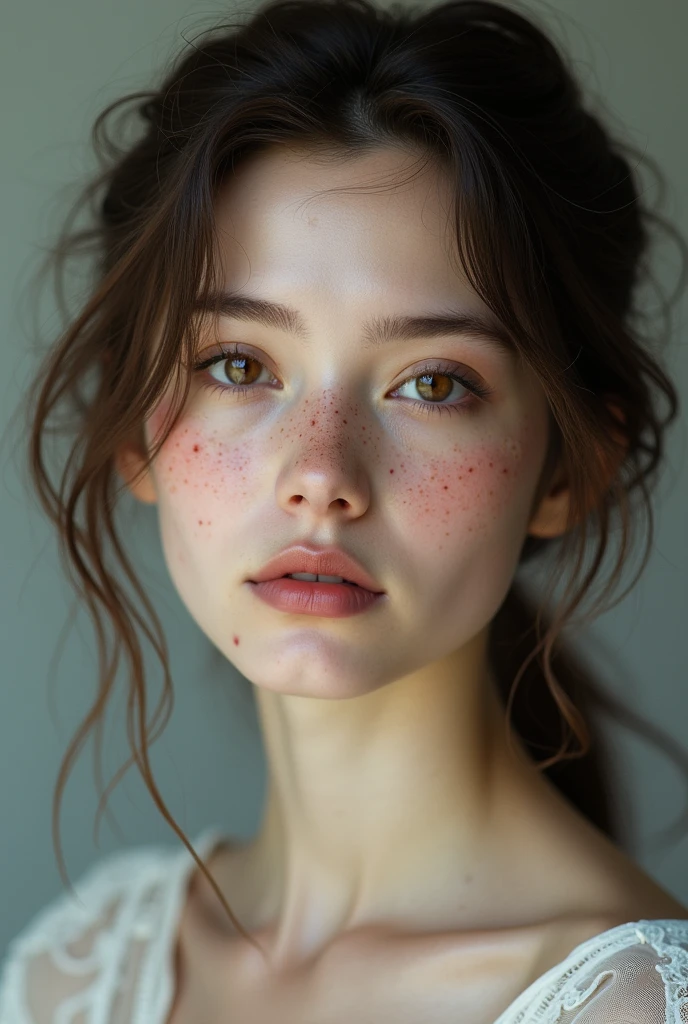 A white-skinned person with hazel eyes and dark brown hair and freckles