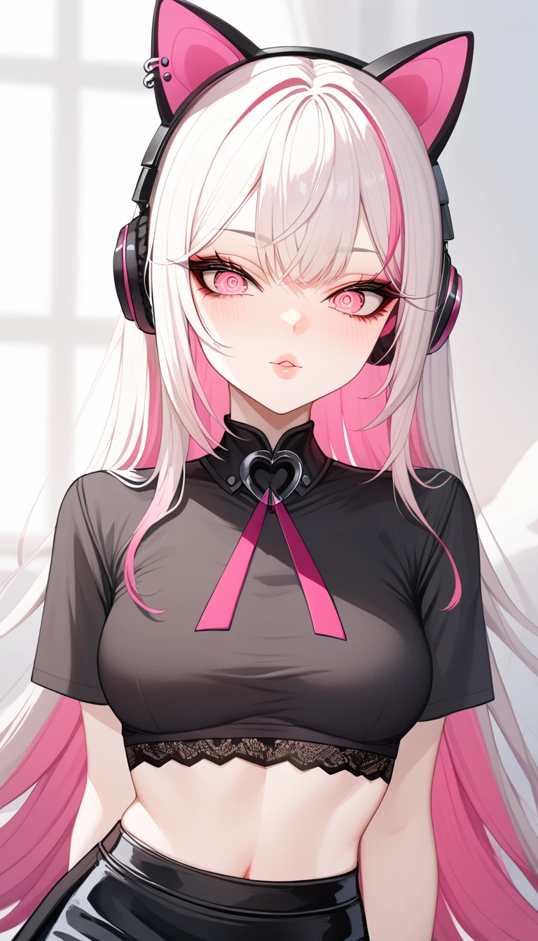 1 Girl, Medium Breasts, Demon Girl, Long White Hair, Pink Highlights In Hair, Smooth Skin, Pale Skin Tone, Nice Eyes, Light Pink Eyes, Nice Lips, Light Blush, Anime Goth Demon Girl, Wearing a Black Skirt and Lace Crop Top Shirt, Choke, Wearing Cat Ear Headphones, Ulzzang, Upper Body Shot, Close Up, Sitting Down