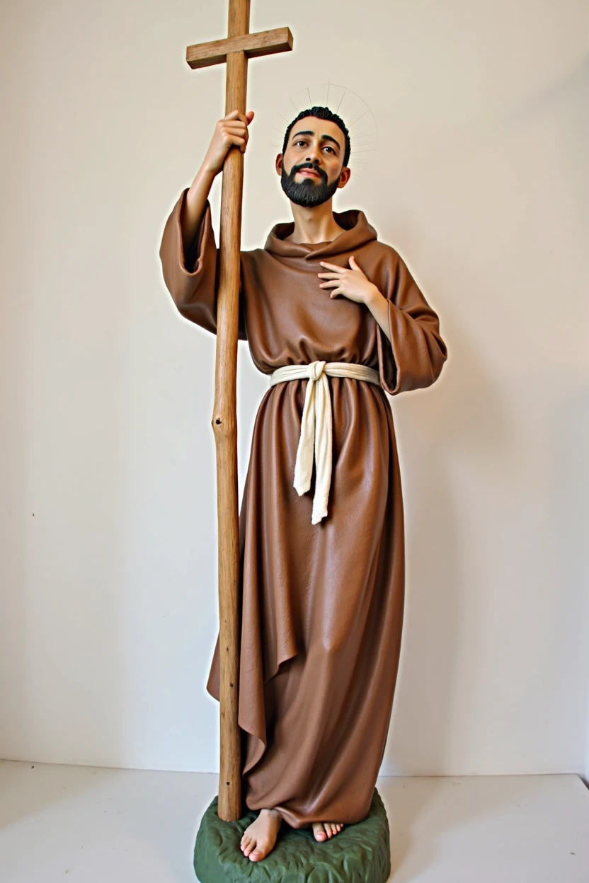 A classic image of Saint Francis of Assisi presents him as a man of medium height., thin and with serene features. He has an elongated face, with prominent cheekbones and a thin nose. Your eyes are expressive, generally conveying a look of compassion and humility, with thin, arched eyebrows. His beard is thin and short, and he usually has dark hair, cut in tonsure (a cut where the top of the head is shaved, leaving a crown of hair around).
Saint Francis is often depicted wearing a simple brown friar's habit., made of thick fabric, with a white cord tied around the waist, symbolizing their vows of poverty, Chastity and obedience. The habit may have a hood and is, Muitas vezes, barefoot or wearing rudimentary sandals.
He is often depicted with stigmata (marks of Christ's nails) in the palms of the hands, and sometimes on the feet and side of the body. Around her, there may be symbols that refer to his life and teachings, like birds, which represent his preaching to the animals, or a skull, symbolizing his meditation on death. In some images, he is seen with a crucifix or a Bible in his hands, reinforcing his role as a dedicated religious. In the image of Saint Francis of Assisi, he is portrayed with his right arm extended upwards, holding a crucifix firmly in his hand. This gesture emphasizes his profound devotion to Christ. His left arm and hand point to his own right chest, a gesture that can symbolize a personal, intimate connection with the divine or the presence of the sacred within himself. Saint Francis is probably dressed in his traditional simple Franciscan habit, underlining his commitment to humility and poverty. The background may feature natural elements or religious symbols that reflect his deep connection with nature and his spiritual mission.