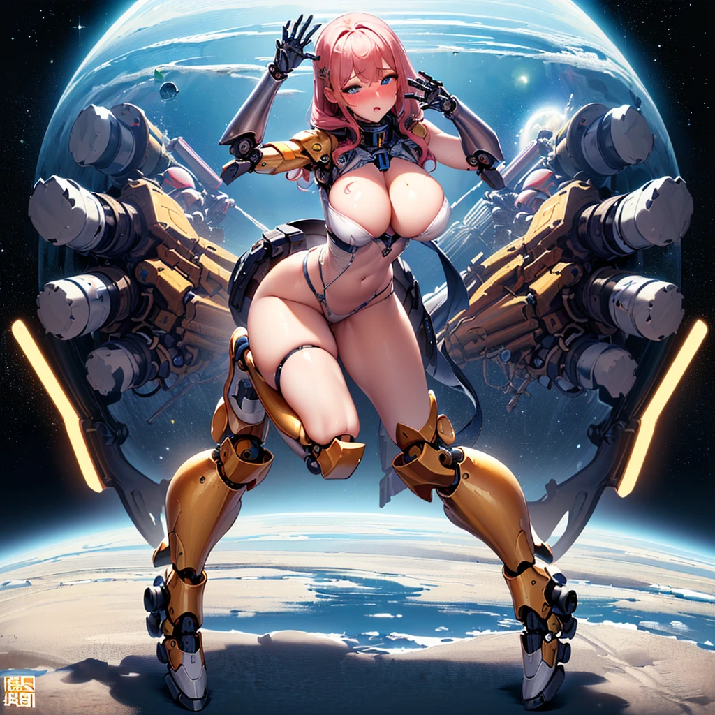 (Full body image:2), (one/Miss/mechanical:1.8), (breasts are very large:1.8), (all mechanicalal body:2), (Equipped with bionic armor:1.5), White with black gears, (她坐在one艘宇宙飞船里,Near the window,Observe outer space:1.5), (她有one头非常短的紫色直发:1.2), (blue eyes:1.2), (moan:1.5), (blush:1.5), (Strike a sexy pose for the audience:1.5), Anime style, Japanese cartoons, 16K, high quality, Textured Skin, Ultra HD, The award-winning