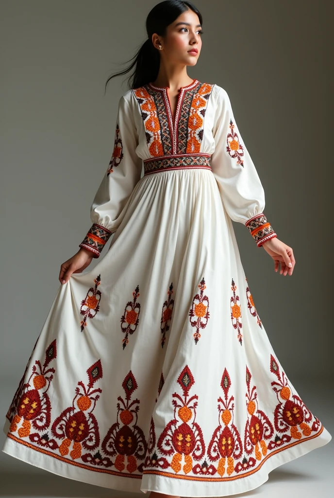 Traditional Kurdish Wedding Dress, Maraş Koçgirî Dêrsim region
White embroidered with traditional geometric patterns in red orange yellow black, Embroidery more or less evenly distributed