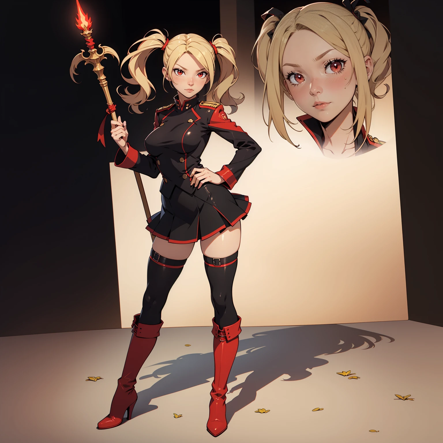 Very detailed, neutral facial expression, medium breasts, full body view, blonde hair with twintails, red eyes, looking at viewer, black and red uniform, skirt, black boots, holding spear, standing pose.