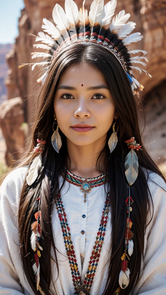 Very beautiful native american, 8k, highest quality, ultra details,  traditional attire, feather headdress, tribal patterns, canyon background, proud expression, cultural heritage, sharp focus, hyper realistic, photogenic, photo realistic, highly detail, slight smile, 