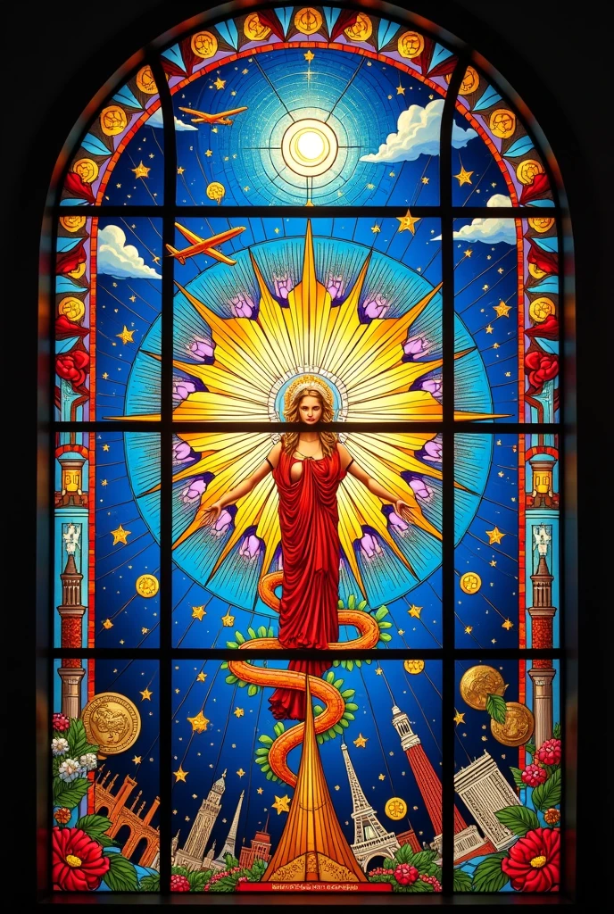 Create an art about globalization. Make it like the stained glass on church windows. Include objects relating to or depicting economy , finance , culture. Diversity, travel, education. Peace, wonders of the world, interner. Just use 1 single big stained glass