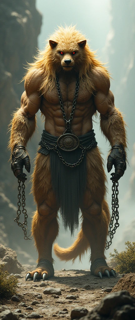 long yellow hair, red eyes, white teeth, muscular body covered in fur, long tail, chain necklace around the neck and chain bracelets on the wrists