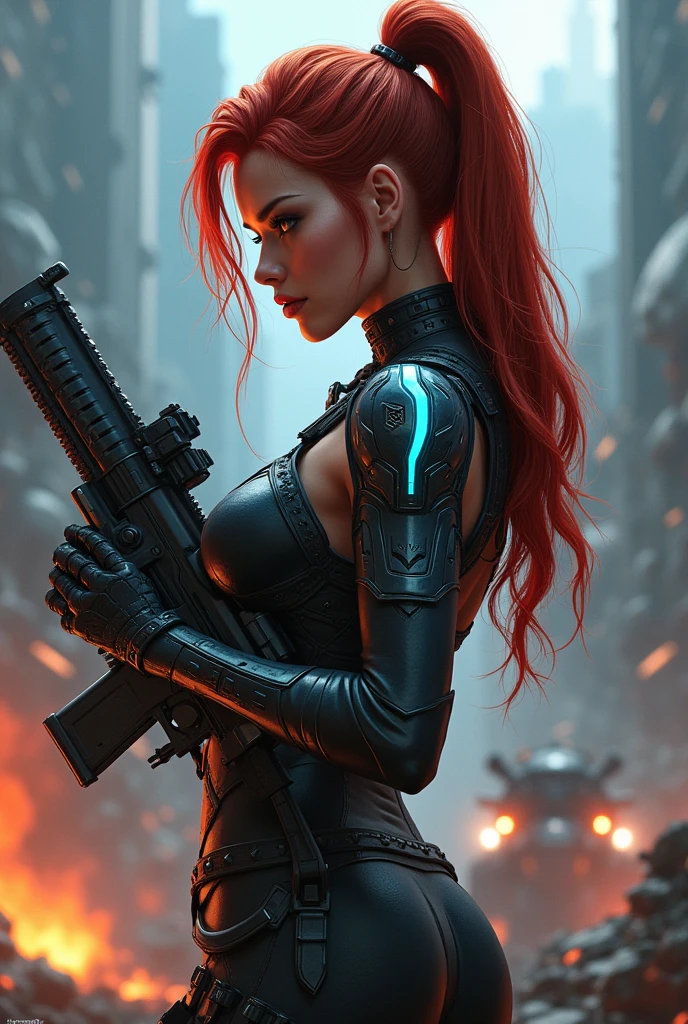 In this captivating image, the central female character (Sarah Kerrigan, inspired by the Star Craft game, Supermodel, beautiful face), red brown ponytail long hair, exudes Confident Star Craft Ghost sniper, wearing a white Terran Ghost psionic energy sniper gear with neon light, (inspired by the Starcraft 2 game), Armed with an AR-15, Combat pose, (Battle scene background), mid body portrait, sensual, beautiful, mesmerizing, concept art, highly detailed, vivid colors, bioluminecent, artstation, behance, deviantart, inspired by innocent manga, inspired by Star Craft Game concept art, trending, Amanda Sage, Jim Lee, Extremely Realistic.