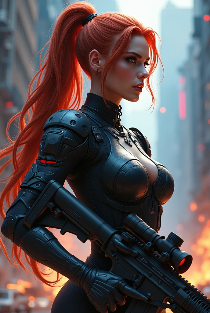 In this captivating image, the central female character (Sarah Kerrigan, inspired by the Star Craft game, Supermodel, beautiful face), red brown ponytail long hair, exudes Confident Star Craft Ghost sniper, wearing a white Terran Ghost psionic energy sniper gear with neon light, (inspired by the Starcraft 2 game), Armed with an AR-15, Combat pose, (Battle scene background), mid body portrait, sensual, beautiful, mesmerizing, concept art, highly detailed, vivid colors, bioluminecent, artstation, behance, deviantart, inspired by innocent manga, inspired by Star Craft Game concept art, trending, Amanda Sage, Jim Lee, Extremely Realistic.