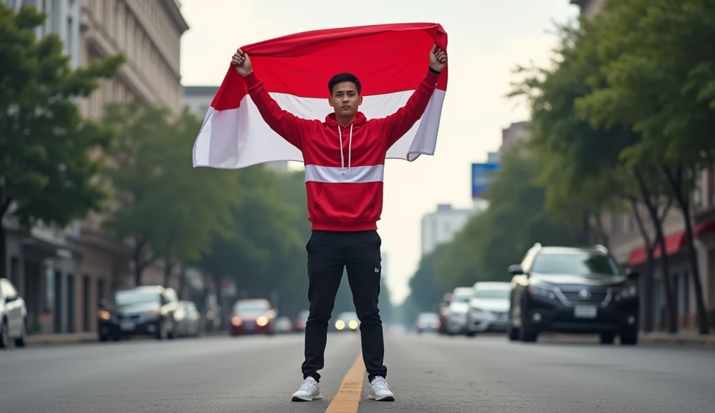 very high quality photo, independence scene, a man from Indonesia, hair combed neatly, wearing a red and white hoodie and sneakers, carrying a flag posing on the side of a city street, full body, realistic and cool visual effects, looks real and perfect, UHD 64K , very sweet