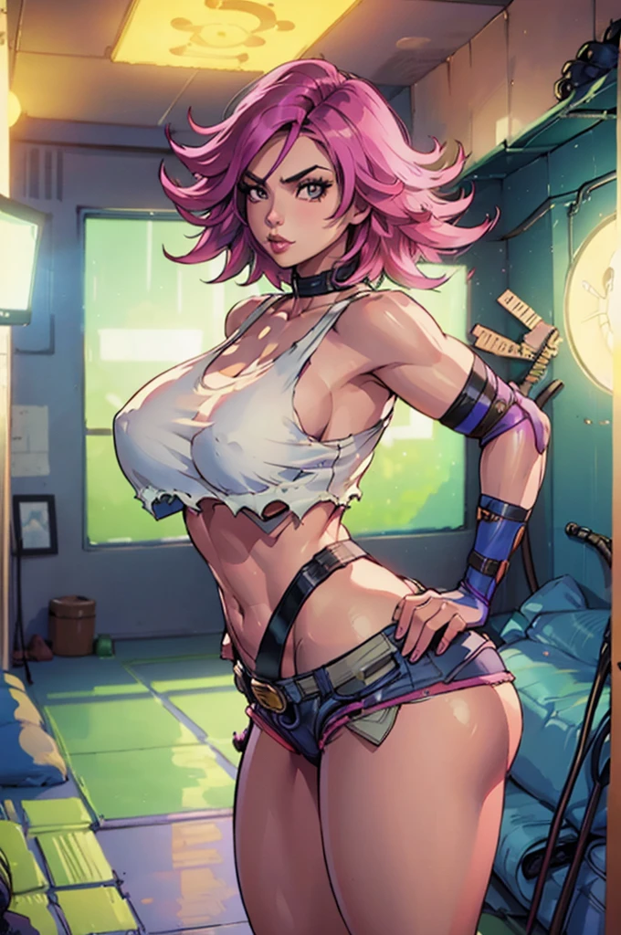 Poison, 26 year old woman, 5'9" tall, 115 pounds, short pink hair, fit body, sports bra with short cropped jacket, spandex shorts big breasts, wide curvy hips, big ass, solo, realistic, masterpiece, detailed facial features, photorealistic, cinematic lighting, dramatic shadows, highly detailed, award winning digital art, oil painting, high resolution, 8k, hyper detailed, hyperrealistic