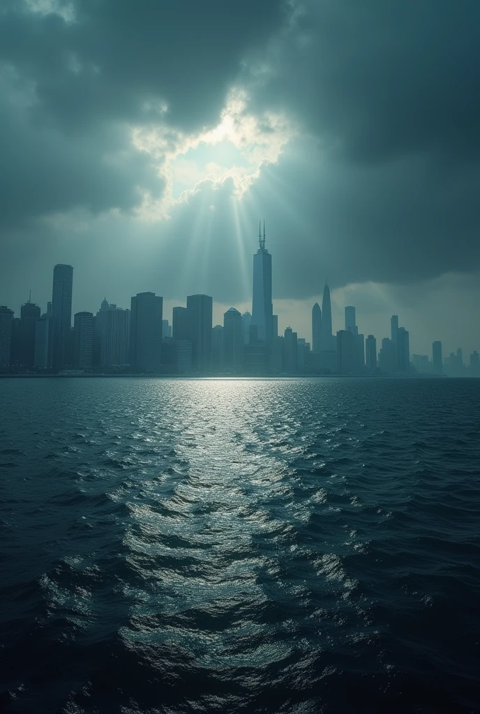 A city by the sea in perspective, with the city in the background and the sea reflecting on a dark sky