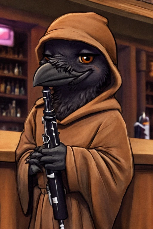 Baby crow, wearing a brown cloak and a brown cap, holding a clarinet inside a bar.