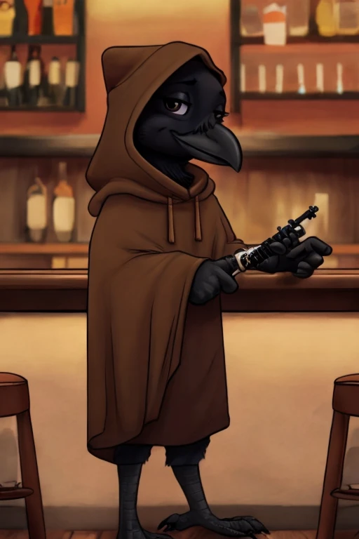 Baby crow, wearing a brown cloak and a brown cap, holding a clarinet inside a bar.