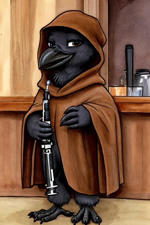 Baby crow, wearing a brown cloak and a brown cap, holding a clarinet inside a bar.