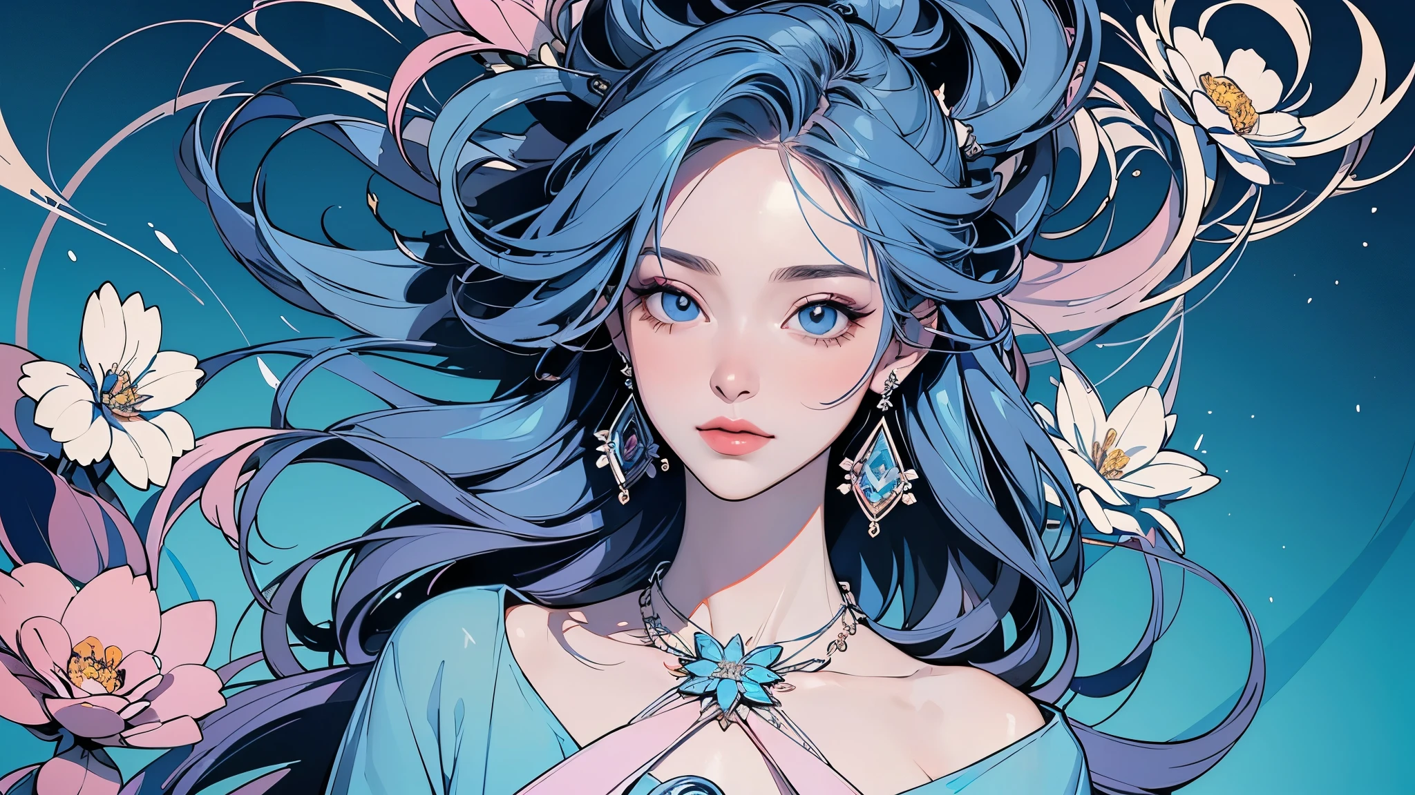 32K, highest quality, The highest masterpiece, (ultra-Detailed Background, Detailed Background), High resolution, Super detailed, Very detailedな, 1 person, (bouquet:1.3), (Tangled:1.2), (Geometric:1.2),(colorful),(masterpiece, quality, best quality, Official Art, Beautiful and beautiful:1.2), (1 person:1.3), Very detailed,(colorful:1.1)(Flowers:1.3),Most detailed,(Tangled:1.2), whole body, (Abstract background:1.3), (Skin glows), (Many colors:1.4), ,(Earrings Jewelry:1.5), Light Blue Background,