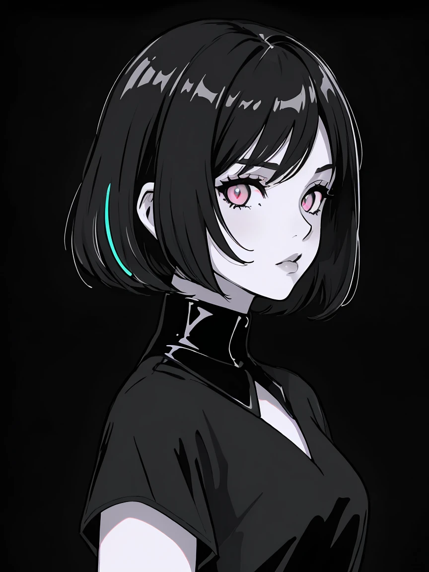 (best quality, sketch:1.2),realistic,illustrator,anime,1 girl, detailed lips, black dress,custom, (background dark monochrome),neon hair,textured cropping, masterpiece, style retro classic, noir dark, art, sketch book, (bob hair black:1.75 neon:1.32), bad women , dark monochrome background, dark fantasy, pensil manga art style