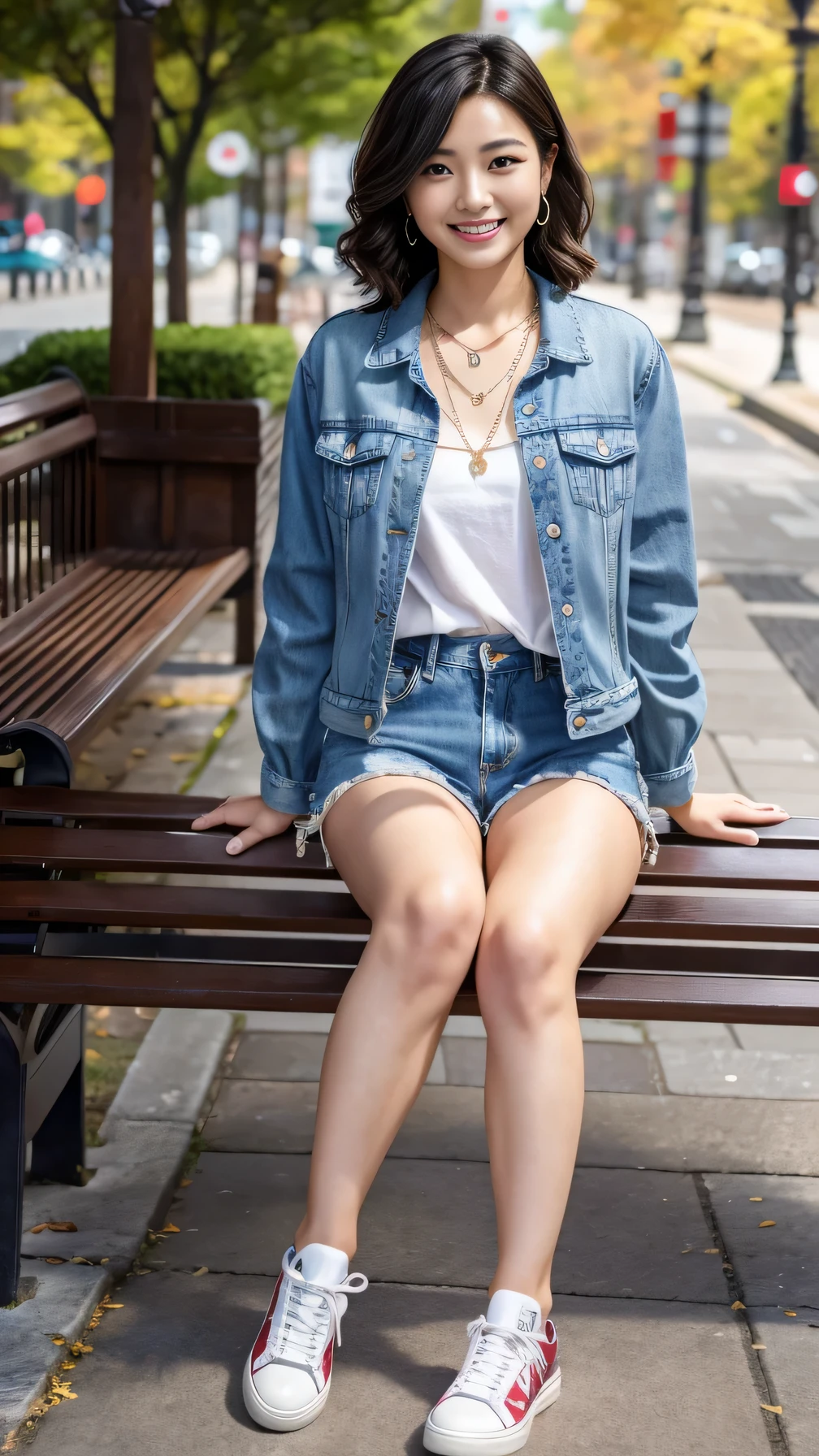 Super Resolution、Beautiful Japanese Women、Full body photo、sitting on a park bench、short hair、Wavy Hair、、ear piercing、necklace、Denim jacket、shirt、Skinny jeans、sneakers、smile、Beautiful teeth alignment
