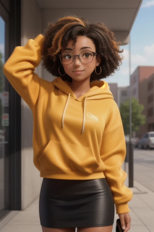 Masterpiece, 1girl, solo, 20 year old college student, she has tan-bronze skin with some freckles, short curly black hair with orange highlights, amber colored eyes, (she's wearing a yellow hoodie, black pencil skirt, glasses)