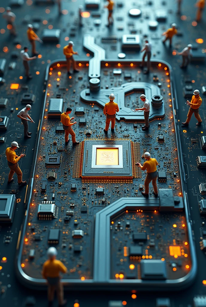 A group of people working inside the circuit of a cell phone as if it were a construction where they carry screws, others solder, others change a CPU, others change components and others carry the screws. .