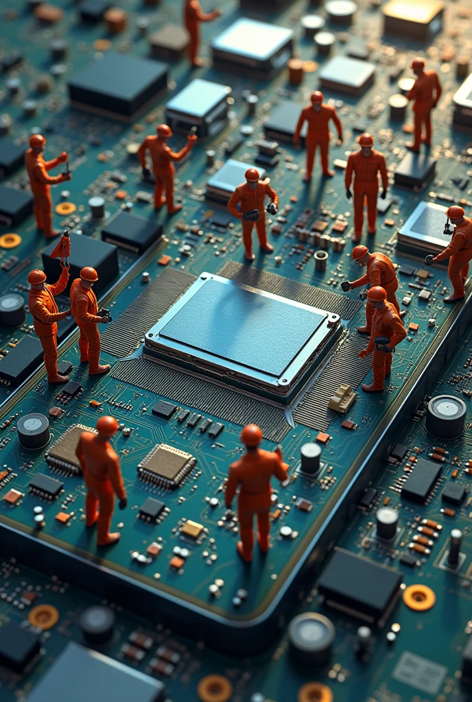 A group of people working inside the circuit of a cell phone as if it were a construction where they carry screws, others solder, others change a CPU, others change components and others carry the screws. .
