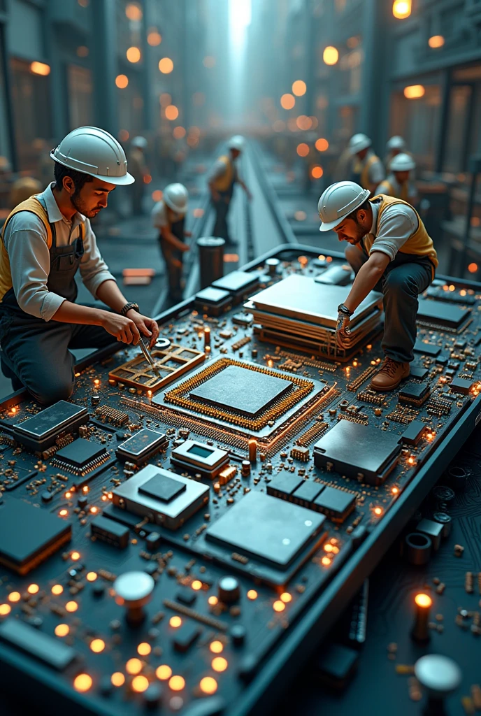 A group of people working inside the circuit of a cell phone as if it were a construction where they carry screws, others solder, others change a CPU, others change components and others carry the screws. .