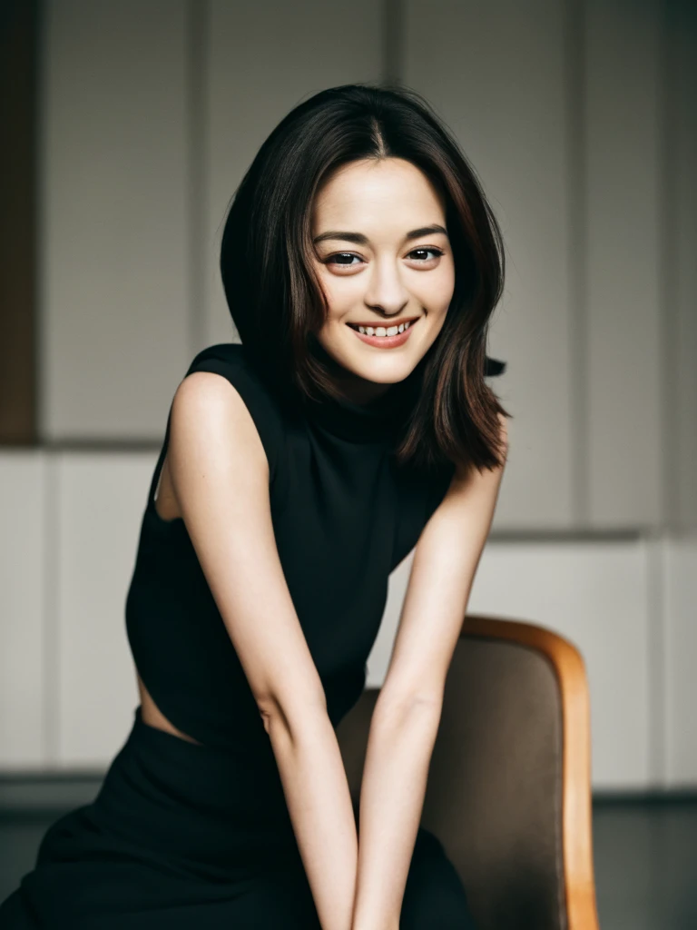 Upper body, Realistic photograph of a beautiful gorgeous young cute Asian woman, 22yo., detailed face, Realistic texture human skin, very beauty long and slender bright glowing face, curve eyebrows, droopy hooded eyes, wavy nose, bright smiling, full wide lips, studio portrait, (((young Marion Cotillard blended face mixed with young Anne Hathaway))), dressed vibrant sleeveless crop top black, sits elegantly olive chair, Leica SL3, Summicron-SL 75mm ASPH, F/1.8, (cinematic still:1.2), Film Never Die Kiro 400 film, bokeh, rim lighting, silhouette, shallowed depth of field,