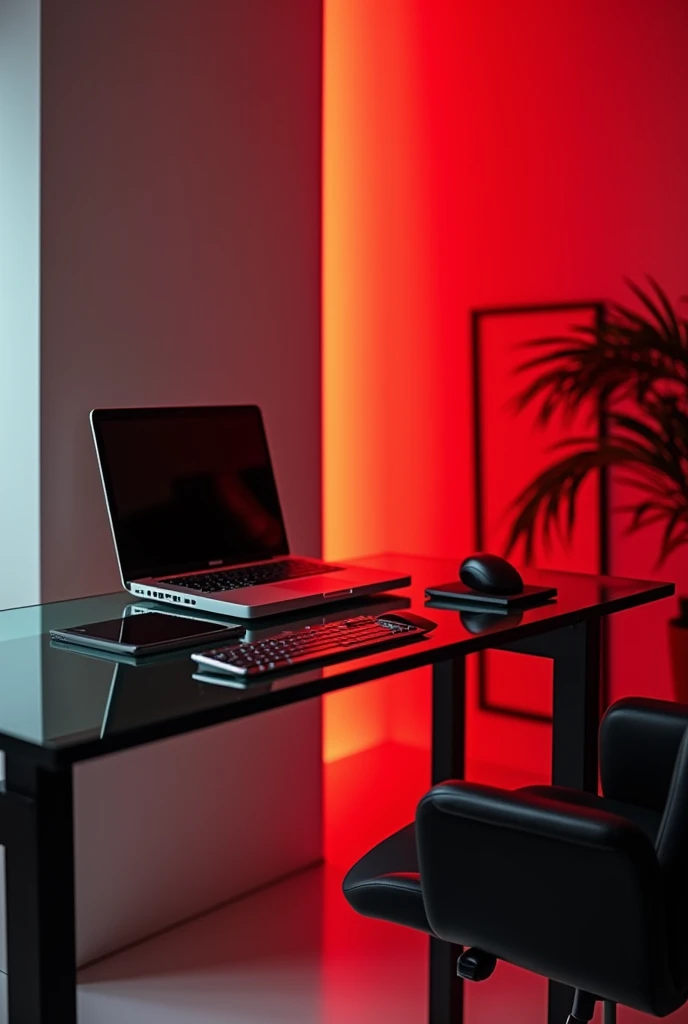 Glass desk with a laptop in a red and black setup with a monitor on the wall,  Place the laptop elevated next to the monitor