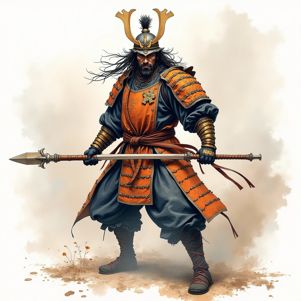 Watercolor,Fierce々A warrior from the new Romance of the Three Kingdoms,Oriental helmet,Fantasy,Master of the Spear,Muscular々,Tiger Whiskers