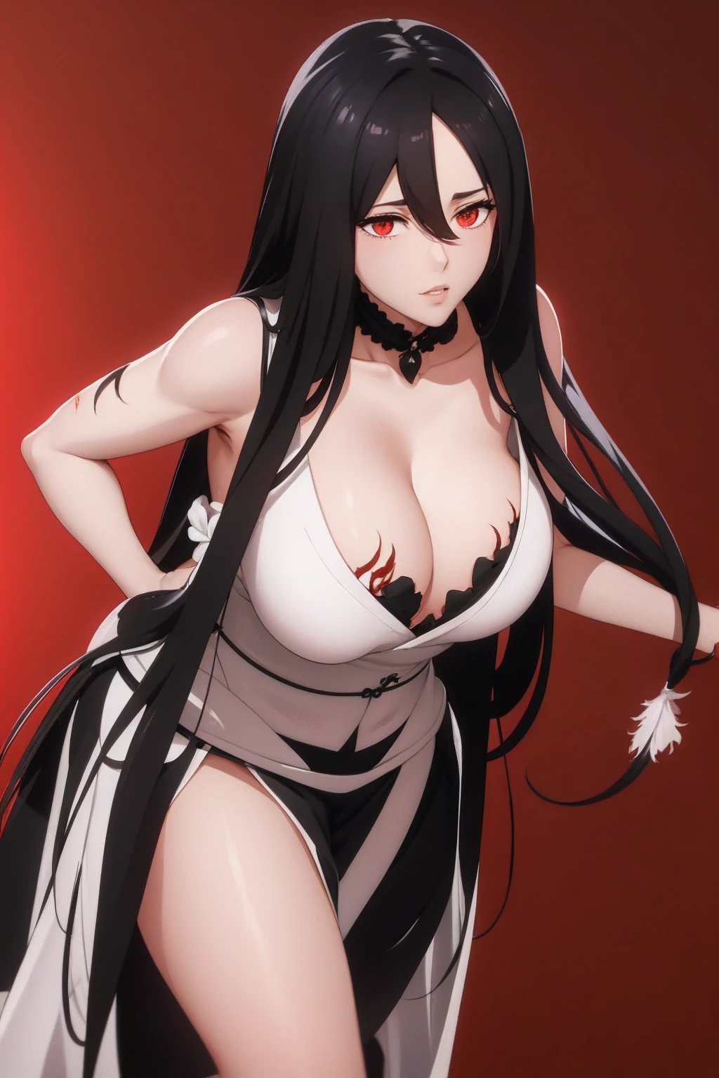 （（（Perfect figure，figure，black Japanese clothing,feather woven, （（（bleach，（（（Scars on the chest）））, red eyes,Unohana））），S-shaped figure:1.7））），((masterpiece)),high resolution, ((Best quality at best))，masterpiece，quality，Best quality，（（（ Exquisite facial features，looking at the audience,There is light in the eyes，Happy，nterlacing of light and shadow，huge ））），（（（looking into camera，fighting stance，red background，Blood）））