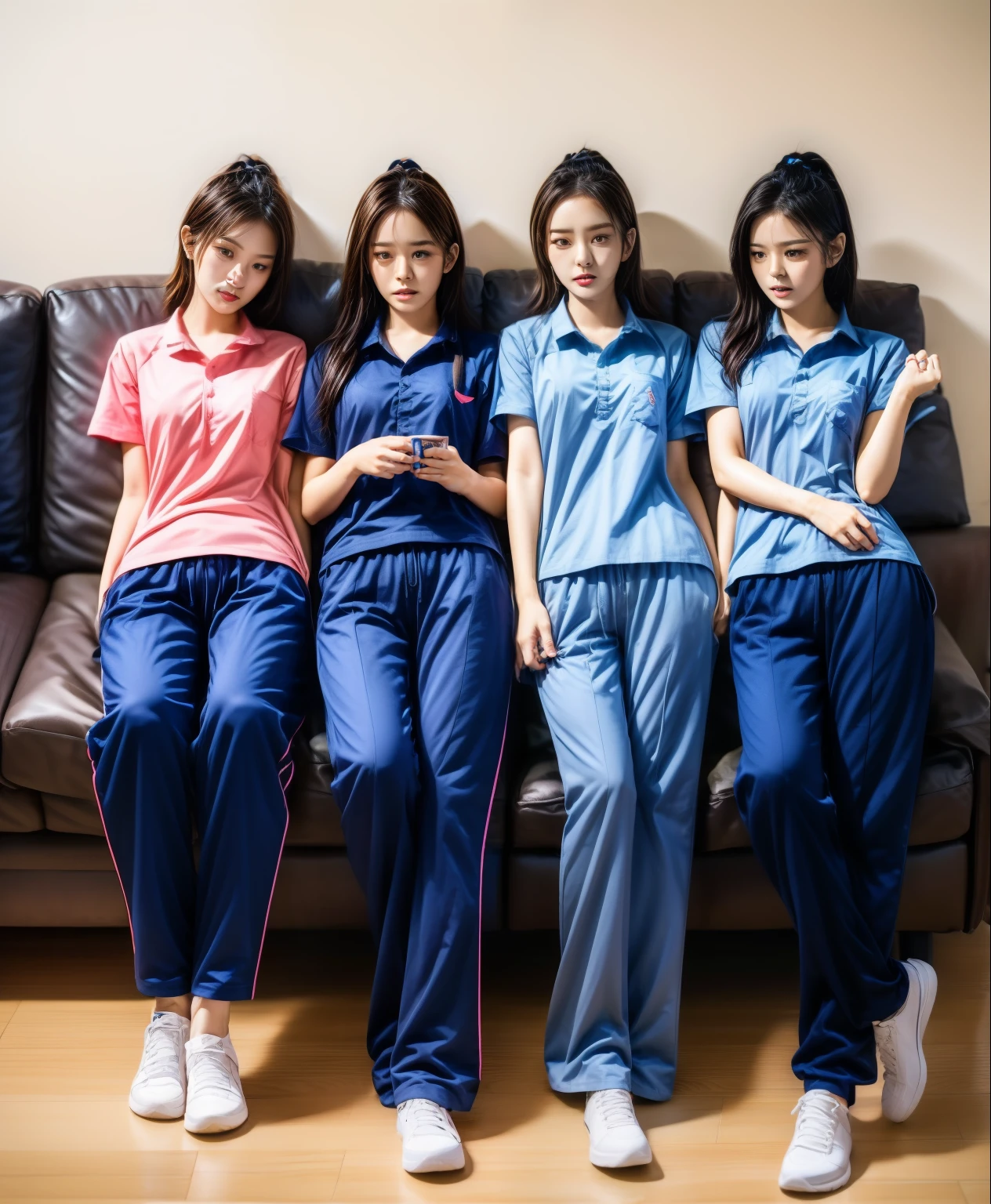 3 girls lie about on sofa living room, Navy blue short-sleeved shirt,Navy Long Trackpant,Sweatpants, Sweatpantsขายาว,25 year old girl, lesbian, sexy, exercise clothes, wet body, exercise clothes