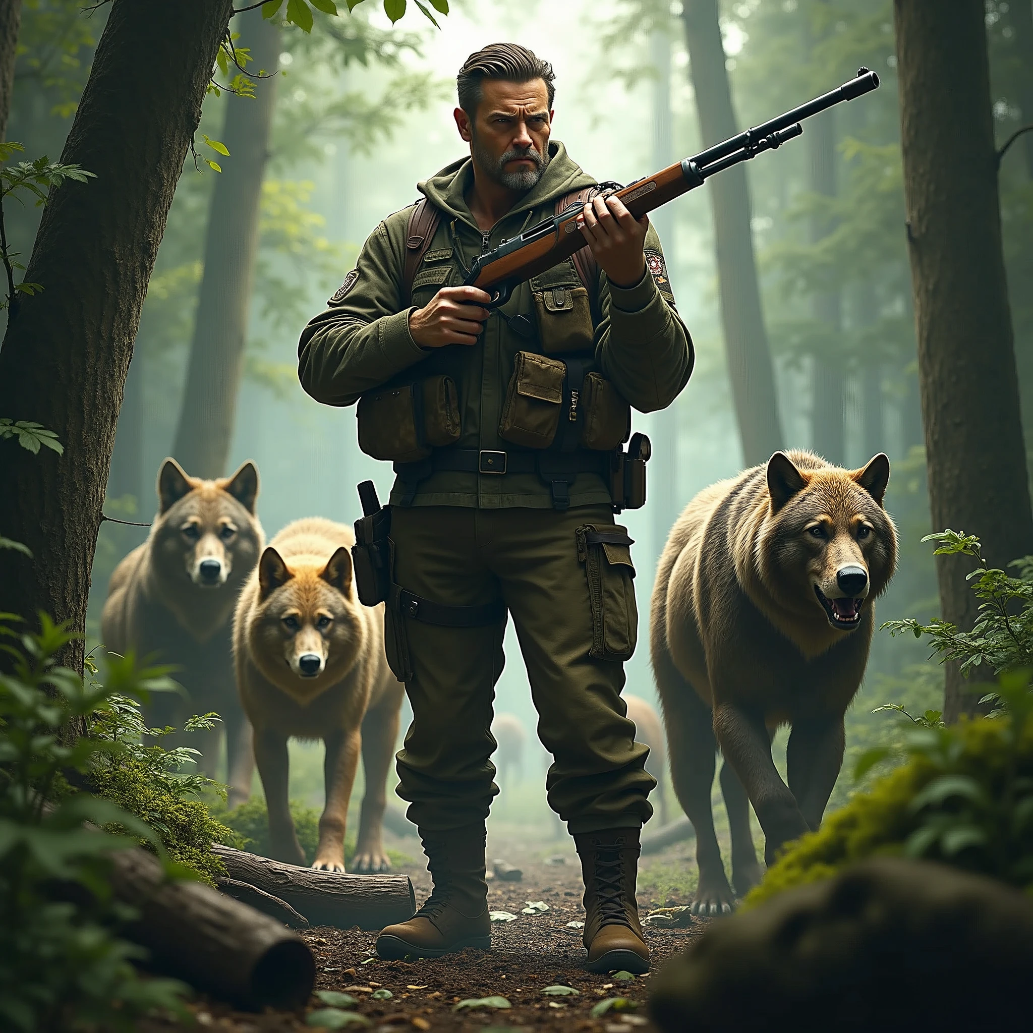 a man with a hunting rifle stands in the middle of a forest surrounded by wild animals.