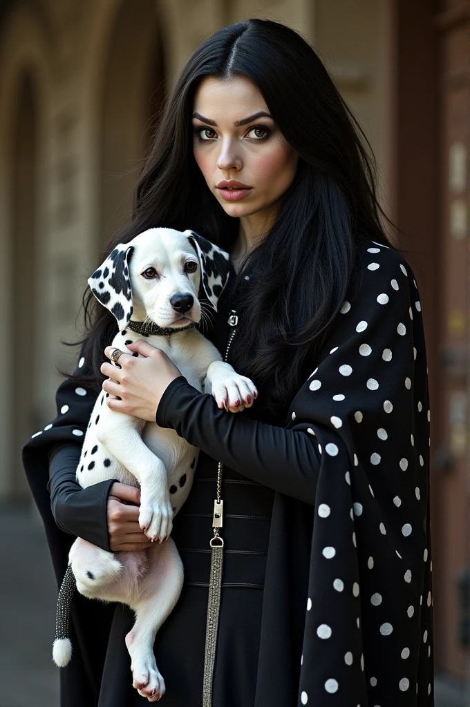 Cruella de Vil，Black and white witch Kuira，the villain from 101 Dalmatians，Hair half black and half white，Wearing a spotted long cape，Holding a Dalmatian