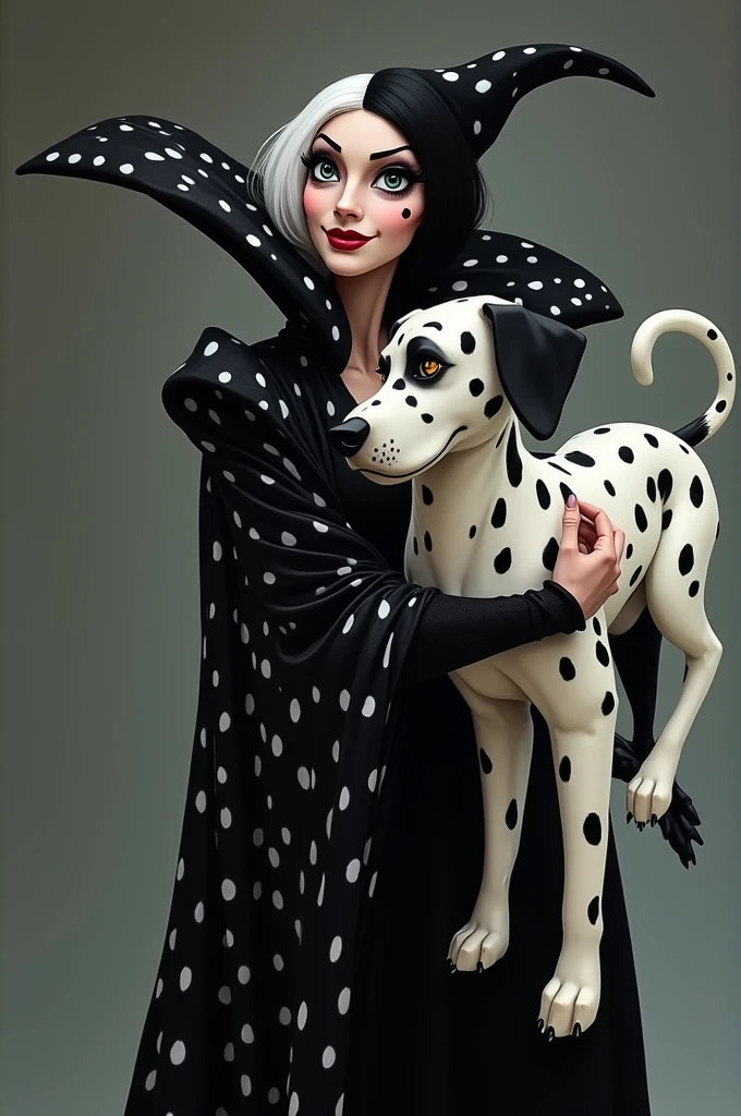 Cruella de Vil,Black and white witch Kuira,the villain from 101 Dalmatians,Hair half black and half white,Wearing a spotted long cape,Holding a Dalmatian