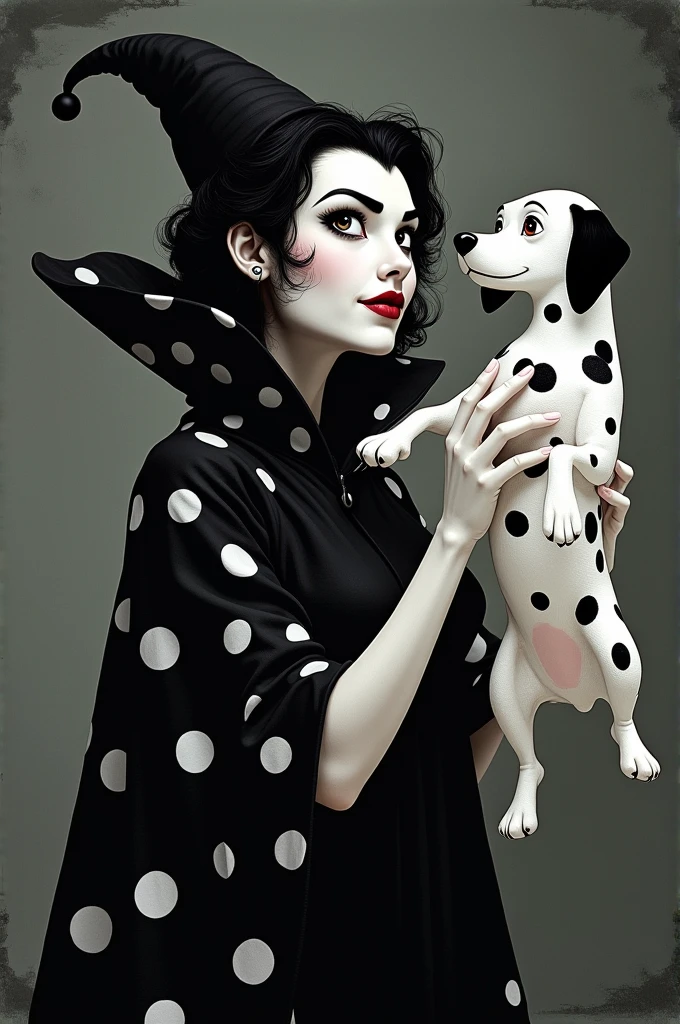 Cruella de Vil，Black and white witch Kuira，the villain from 101 Dalmatians，Hair half black and half white，Wearing a spotted long cape，Holding a Dalmatian