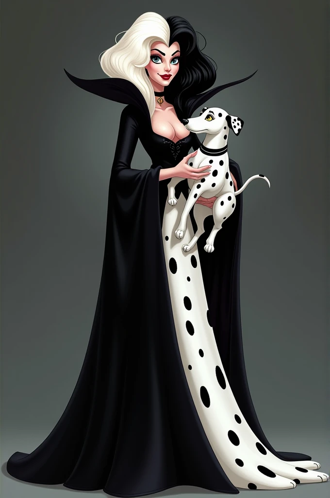 Cruella de Vil,Black and white witch Kuira,the villain from 101 Dalmatians,Hair half black and half white,Wearing a spotted long cape,Holding a Dalmatian