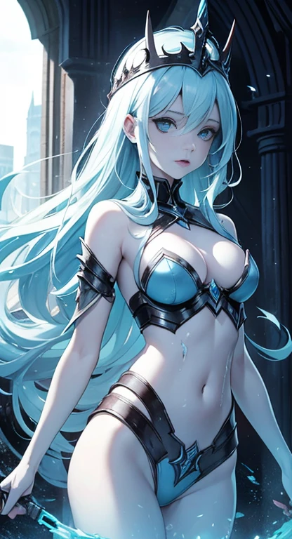 Pale blue skinned, undead Queen, cut throat, small breasts, beautiful girl, chaotic armor, breaking free,