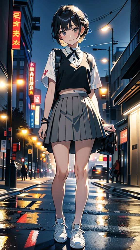 (8k, RAW Photos, 最high quality, masterpiece:1.2), high qualityのRAWカラー写真, Professional photo shoot, Cinematic Light, alone, (((young woman, Gal))), (Sharp features), (Small face), (Skin with attention to detail:1.2), clavicle, Cute Face, Beautiful appearance, Long eyelashes,Girl Turning Around, smile, (Black Hair, Braid、Short Hair、), Open white shirt、Roll up your sleeves、Oversized knitted vest、belly button, Very short gray pleated mini skirt, Black sneakers, Backpack, Night Park, Confident attitude, Capture the happy moment, Artistic painting,Attractive thighs, (Very nice touch:1.2),はにかんだsmile), Peaceful atmosphere, Oil painting style, Bright colors, (Are standing:1.5, Night cityscape, Full body portrait), Smooth texture, Gazing Eyes, Beautiful Skin, Glowing Skin, ((Perfect Fingers, Five Fingers, Anatomically correct)), Background Blur, high quality, Surreal, ((Very detailed, photo shoot)),Many people々々、blush、Plump、White skin、Plush toy bag、bracelet