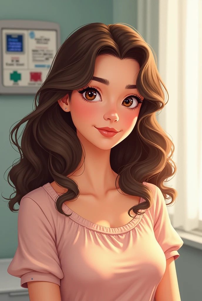 One young woman, white, 20 year, pink skin tone, eyes browns, brown curly hair, stripes on the chest, in a hospital room, in the style of Classic 2d Disney princess drawing?