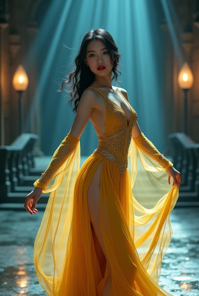 Mongolian girl with shoulder-length wavy loose black hair, beautiful and shining light blue eyes, red lipstick, dancing in a pose showing her beautiful legs, with both hands holding the hem of her soft and delicate golden dress with decorations Gold beads and Swarovski diamonds create the impression of dancing and the dress is flowing open showing her beautiful leg. The background is a dark castle at ((dark)) night which is blurred and you can see light from a distance like bokeh and light blue and turquoise mist following her steps.