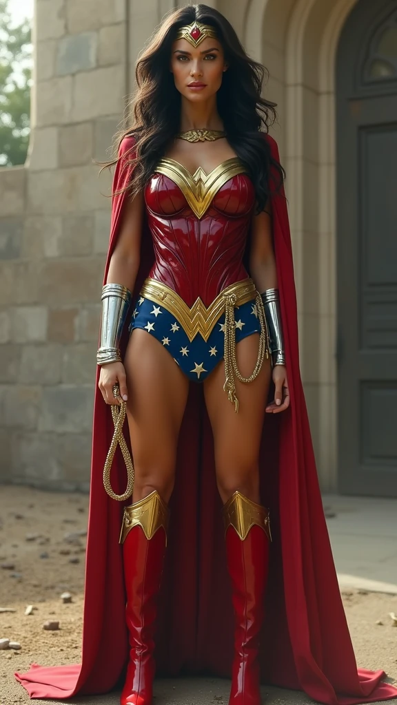 A beautiful woman Adriana Lima under the mantle of the Amazonian warrior Wonder Woman costume Navy blue with hood red knee boots Wonder Woman season 1972 Lynda Carter