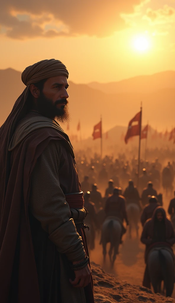 4K, dark fantasy, medieval period, the Mamluk forces gather at Ain Jalut, their leader Qutuz standing atop a big hill, surveying the approaching Mongol army down the hill looking far. The sun now higher, casting a harsh light,Camera over the shoulder close up  face of mamluk leader Qutuz wearing turban standing on top of hill looking towards the coming front view mongol army on running horses    towards him angry