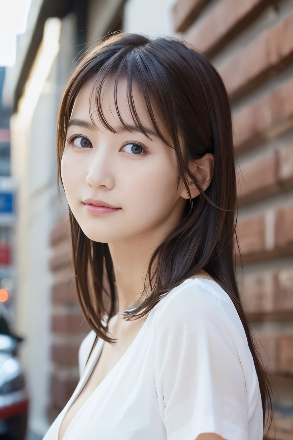 You are a professional photographer。masterpiece、８K、Highest quality, Soft Light, Ultra-high resolution, (Realistic:1.4), RAW Photos,Age 27 、1 Japan, alone, cute、(pupil, Light in your eyes), Natural black eyes、Beautiful face in every detail,(High resolution detail of human skin texture)、（Cleavage、Big Breasts）、Delivery Person 、Wear a post office uniform、deliver a letter、post office、(Portraiture)、Peek into the post